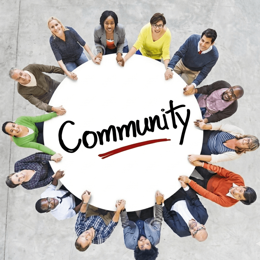 A multicultural group of friends standing in a circle, arms around each other in support