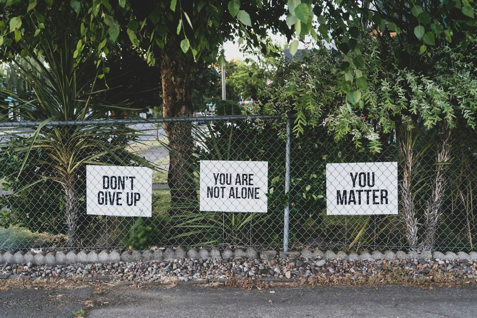Three signs on a fence reading: Don't give up. You are not alone. You matter.
